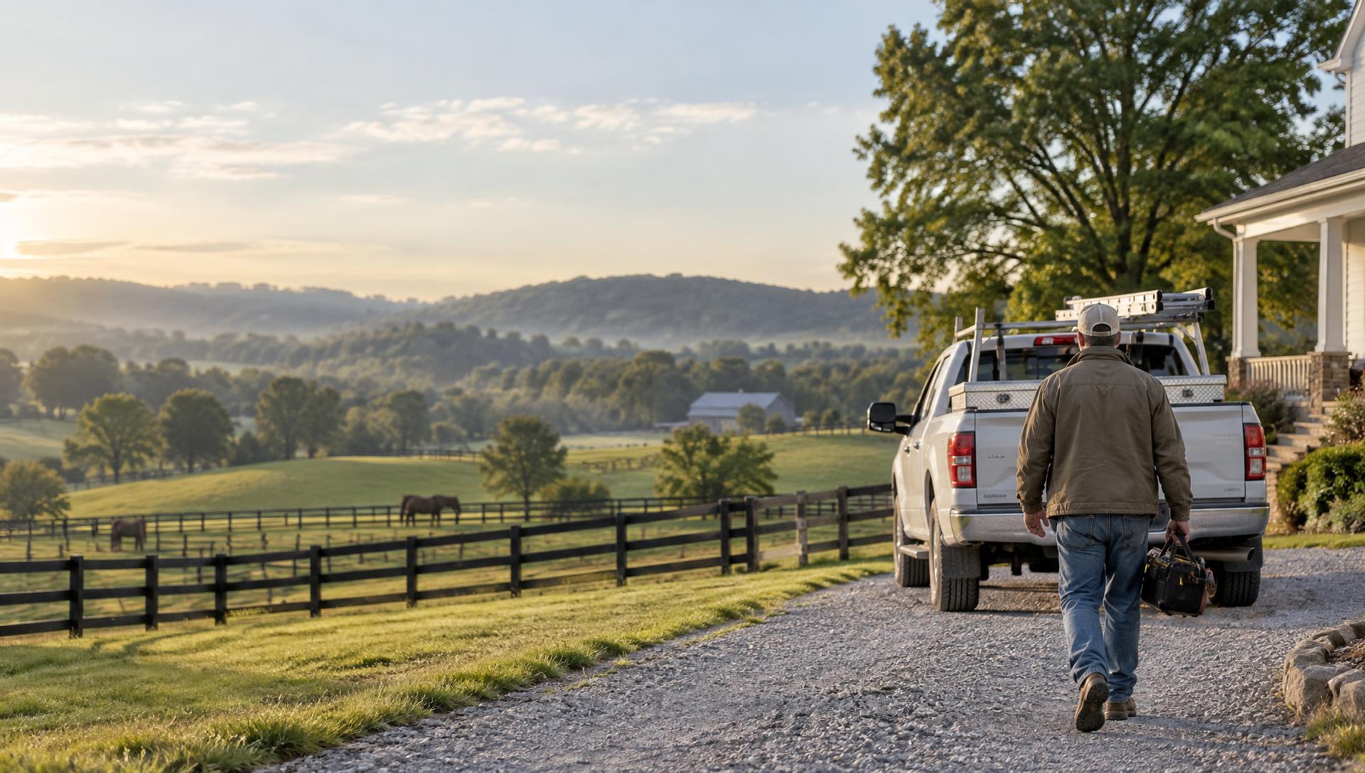A Kentucky contractor walking toward his work truck on a rural farm driveway